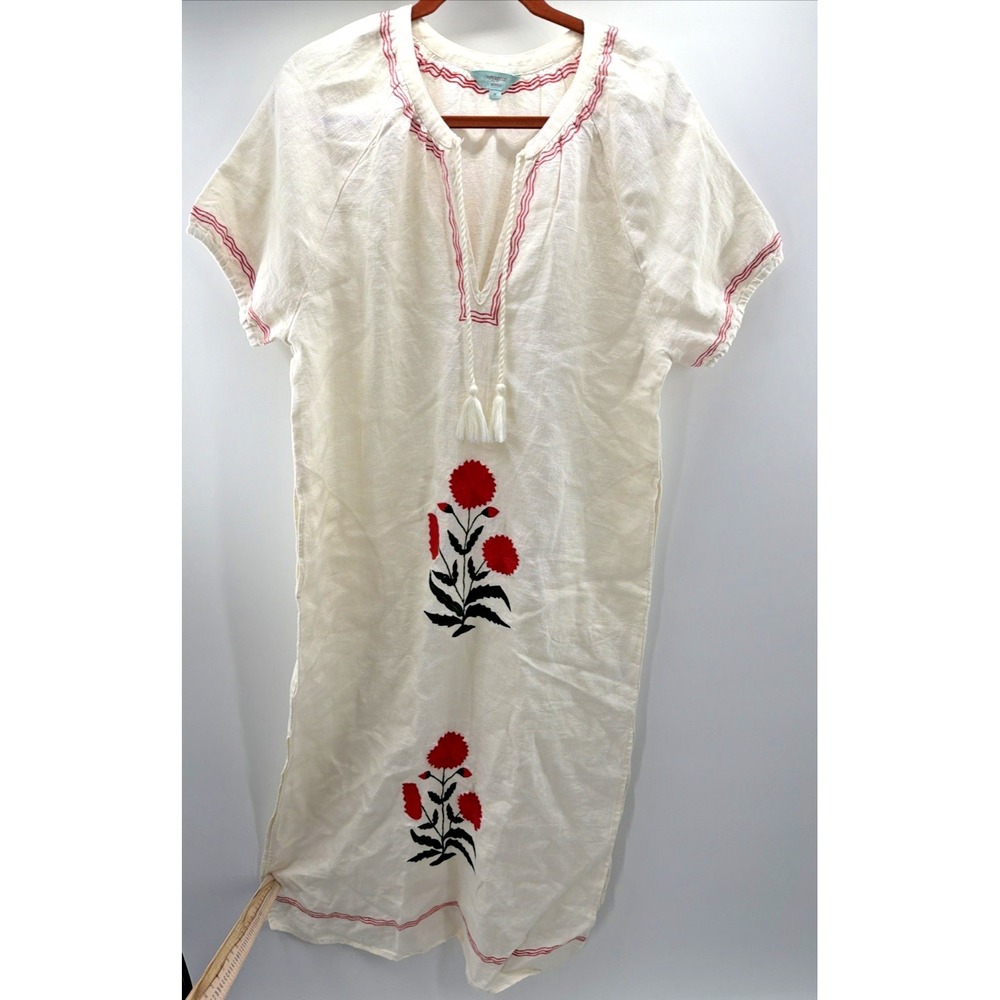 Voyageur by Mersea Embroidered Maxi‎ Dress Linen Floral Tan Boho Fairy Beach Med